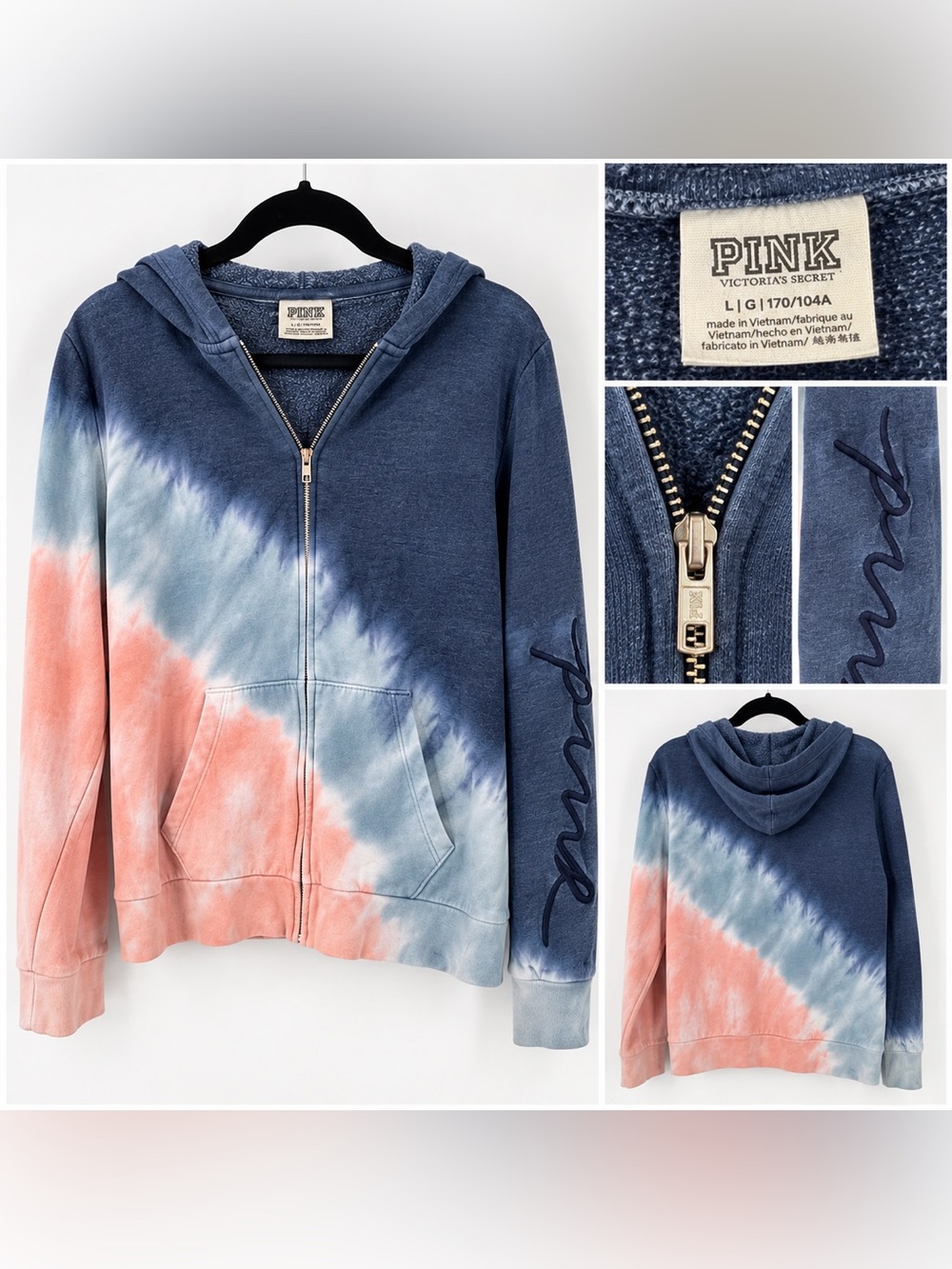 PINK Tie-Dye Zip Hoodie in Blue & Size Large Like New